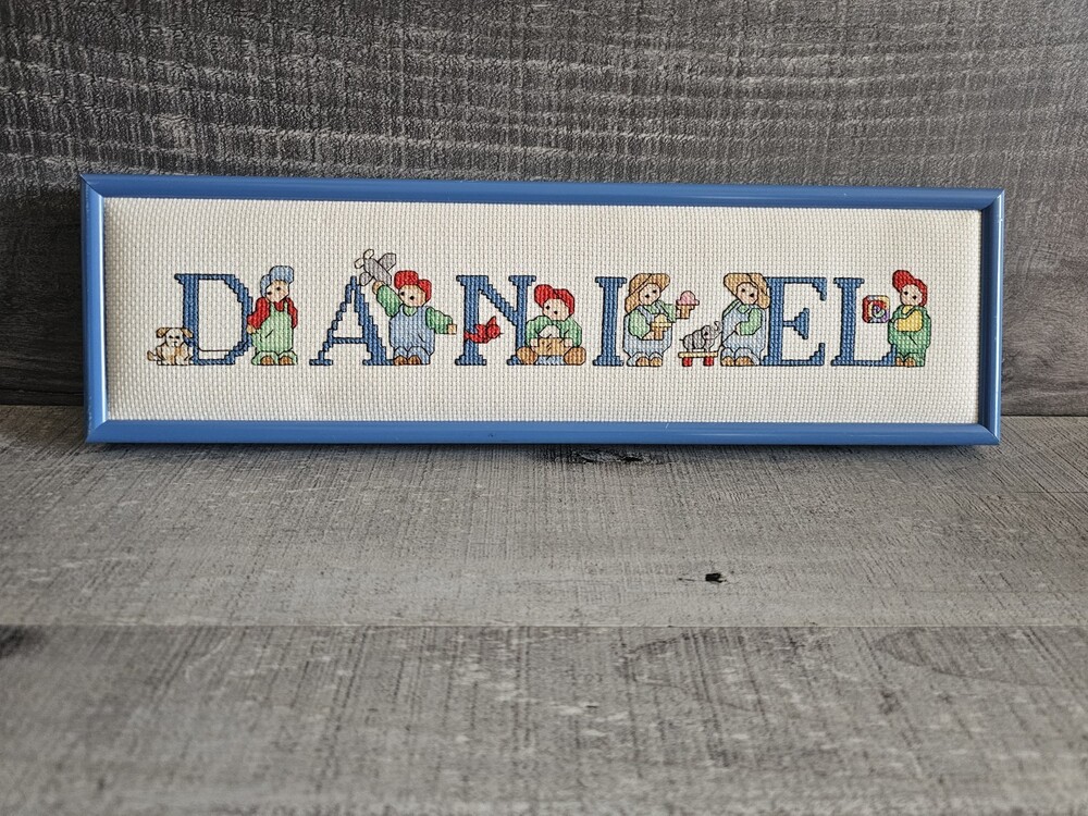 "Daniel" Nursery Wall Embroidered Cross Stich Letters Teddy Bears FRAMED G20